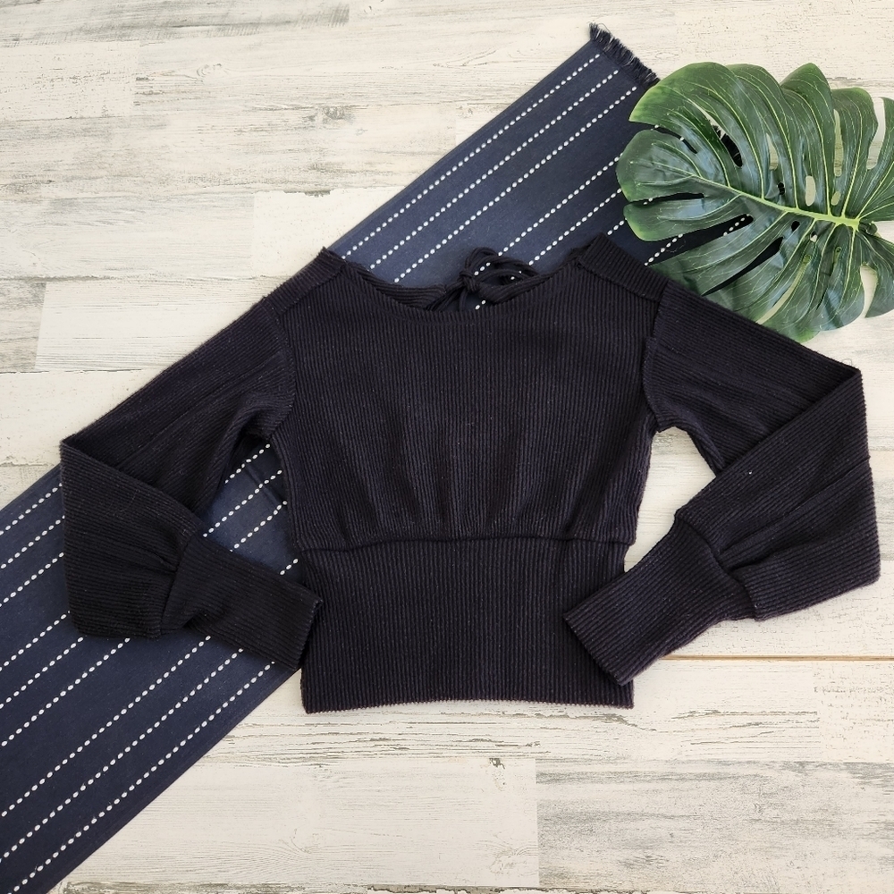 Anthropologie Maeve Puff Sleeve Open Tie Back Ribbed Blouse Black XS